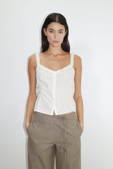 Ruffle Button Top - Raquette Stripe