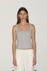 Button Frill Top - Blue Check