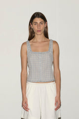 Button Frill Top - Blue Check