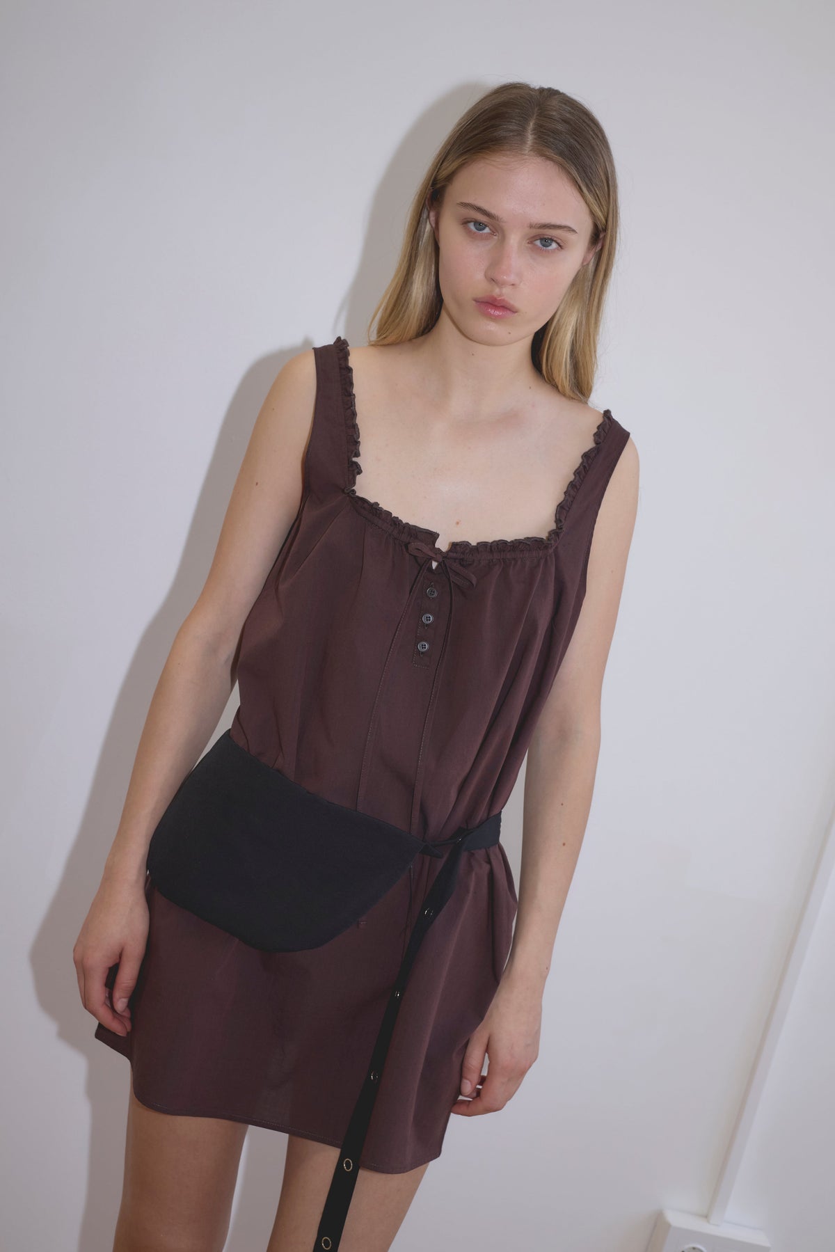 Button Frill Mini Dress - Umber