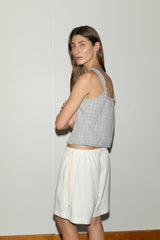 Button Frill Top  - Blue Check